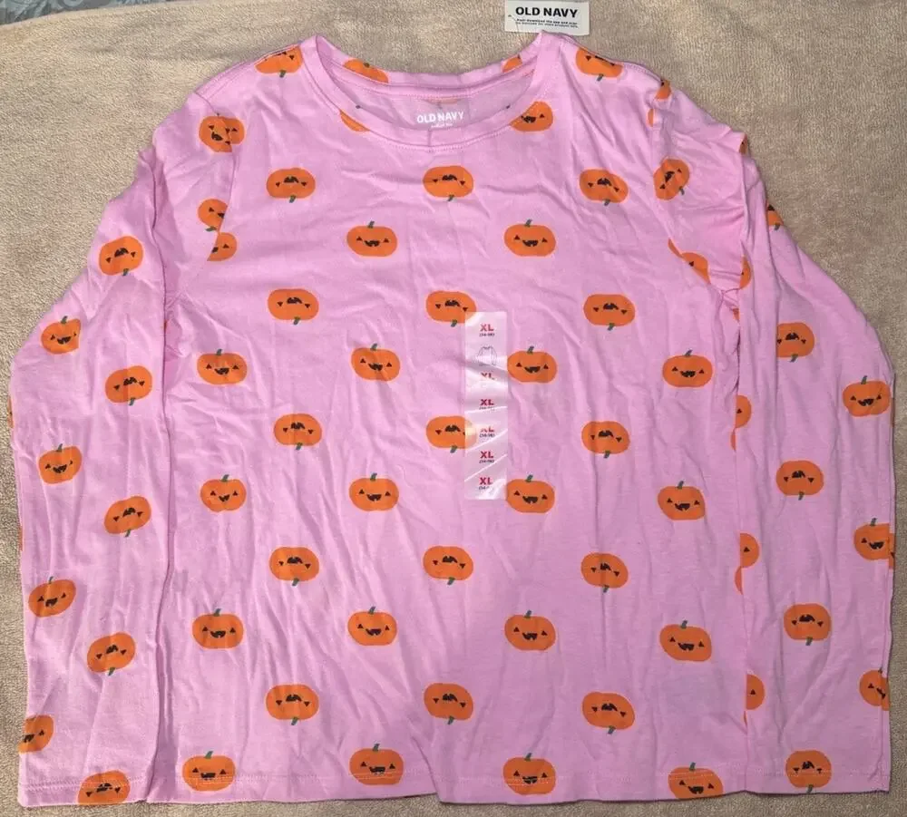 Long Sleeve T-Shirt Girls Kids XL (14-16) Pink with Pumpkin Face NWT Halloween